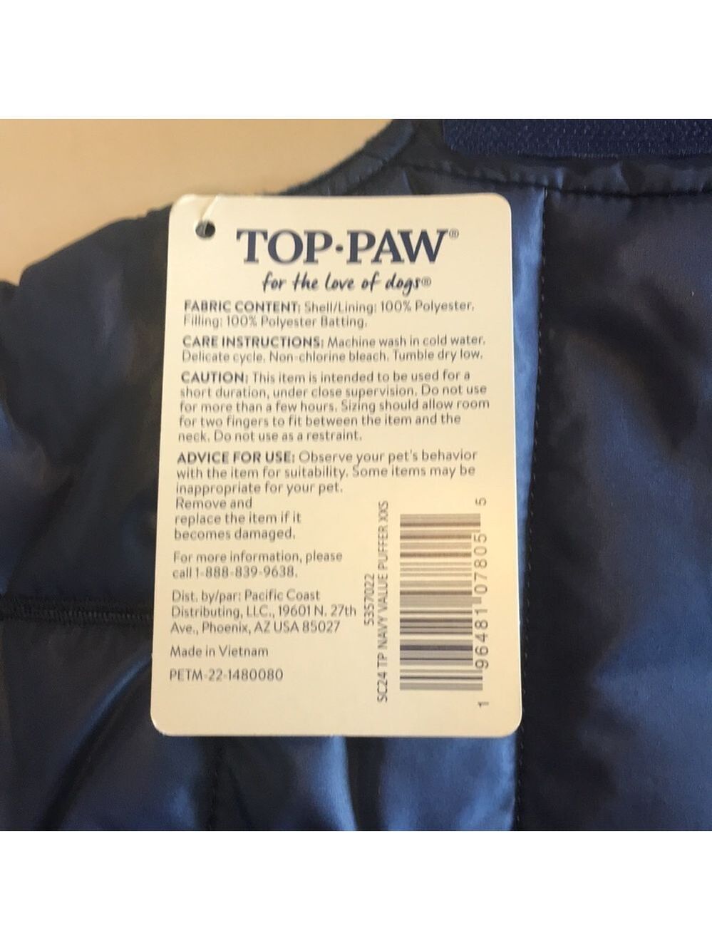 Top Paw Adjustable Dog Puffer Jacket Navy XXS - Picture 4 of 8